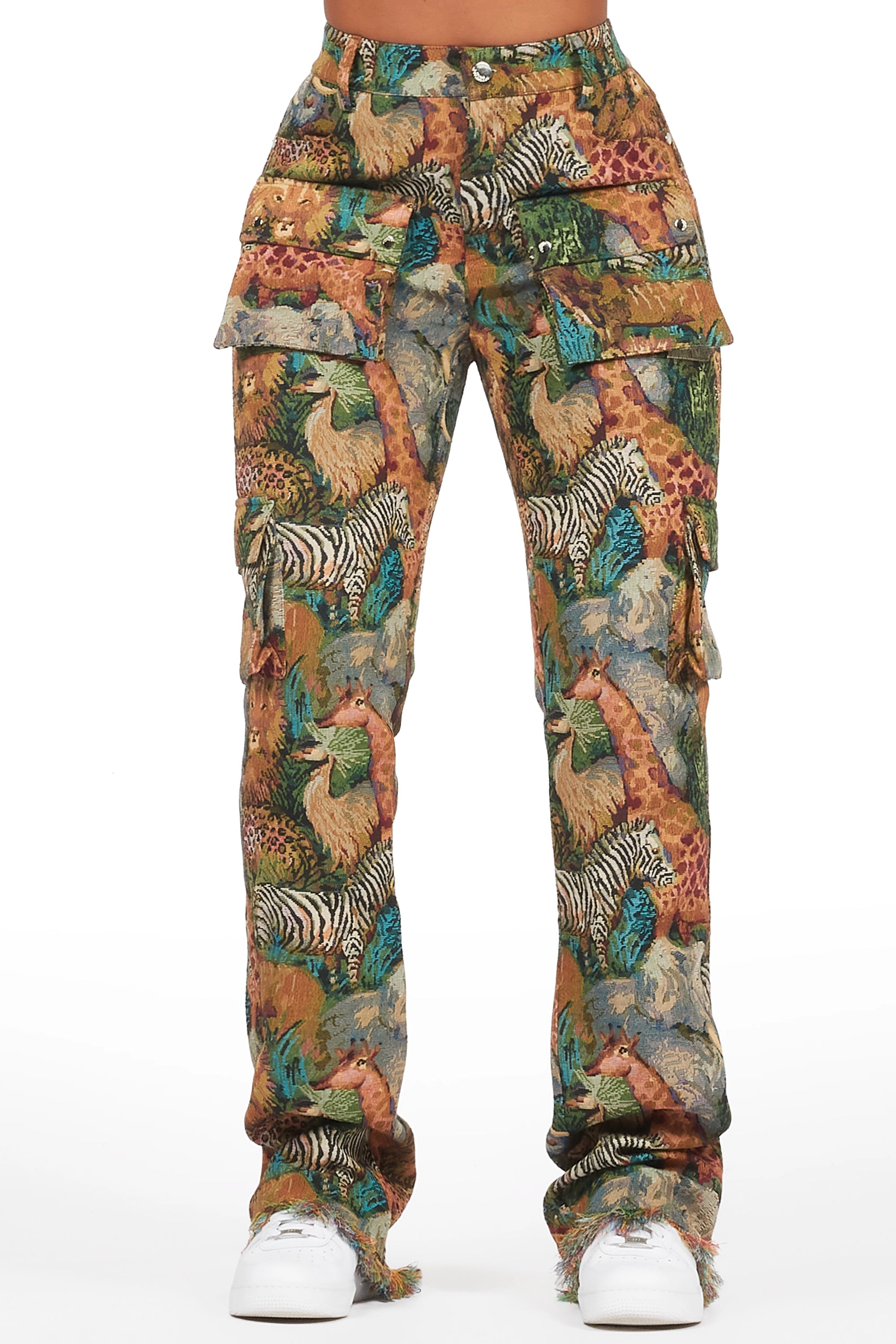 Channa Multi Animal Print Cargo Tapestry Pant Relaxed Fit Trousers
