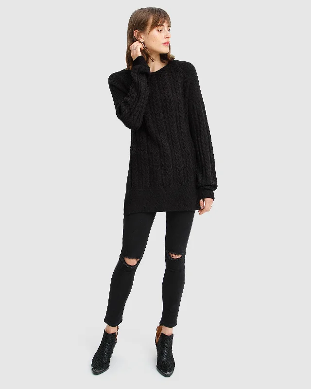 At Last Cable Knit Jumper with Slit - Black