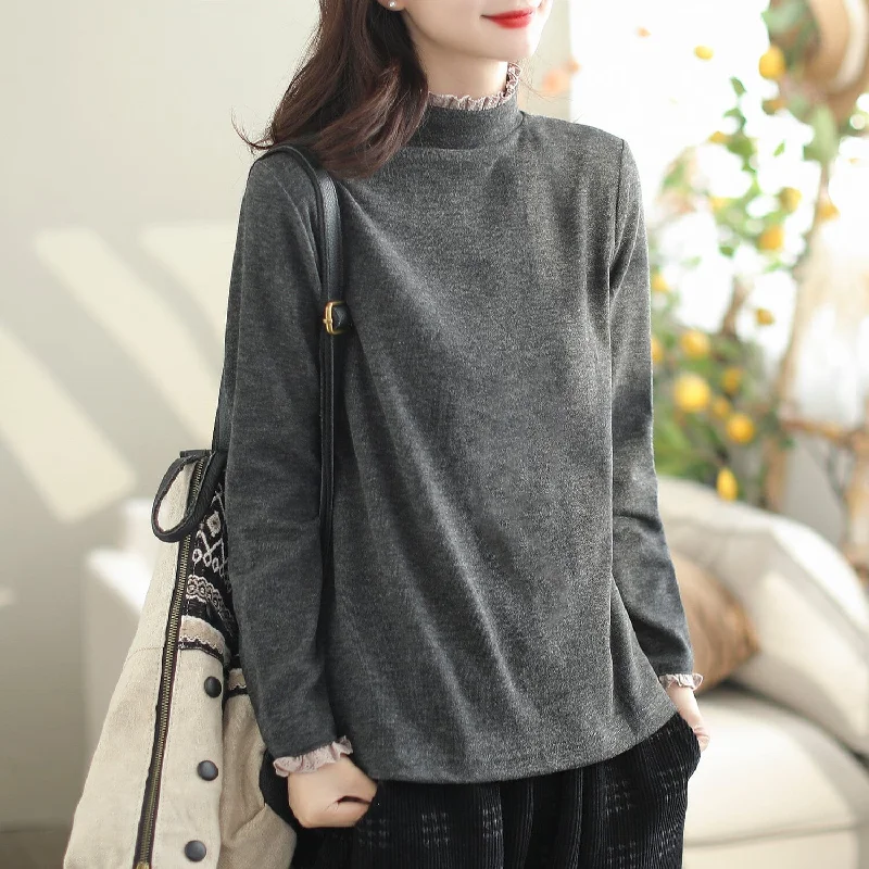 Autumn Minimalist Casual Lace Patchwork Trim Sweater