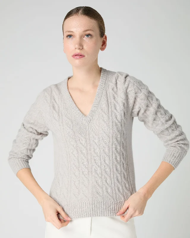 Women's Frankie Cable V Neck Cashmere Sweater Pebble Grey