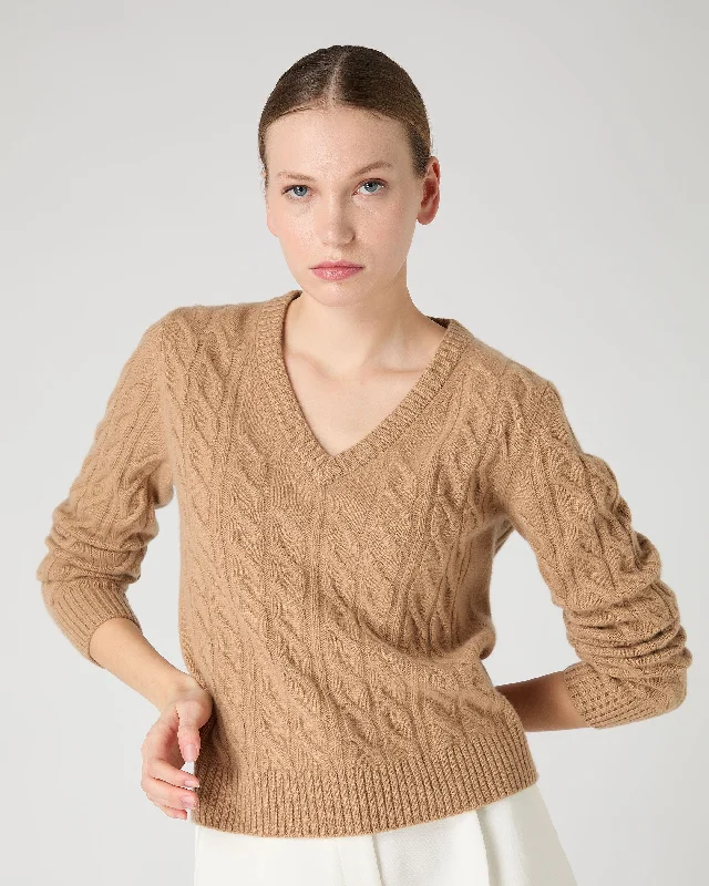 Women's Frankie Cable V Neck Cashmere Sweater Sahara Brown