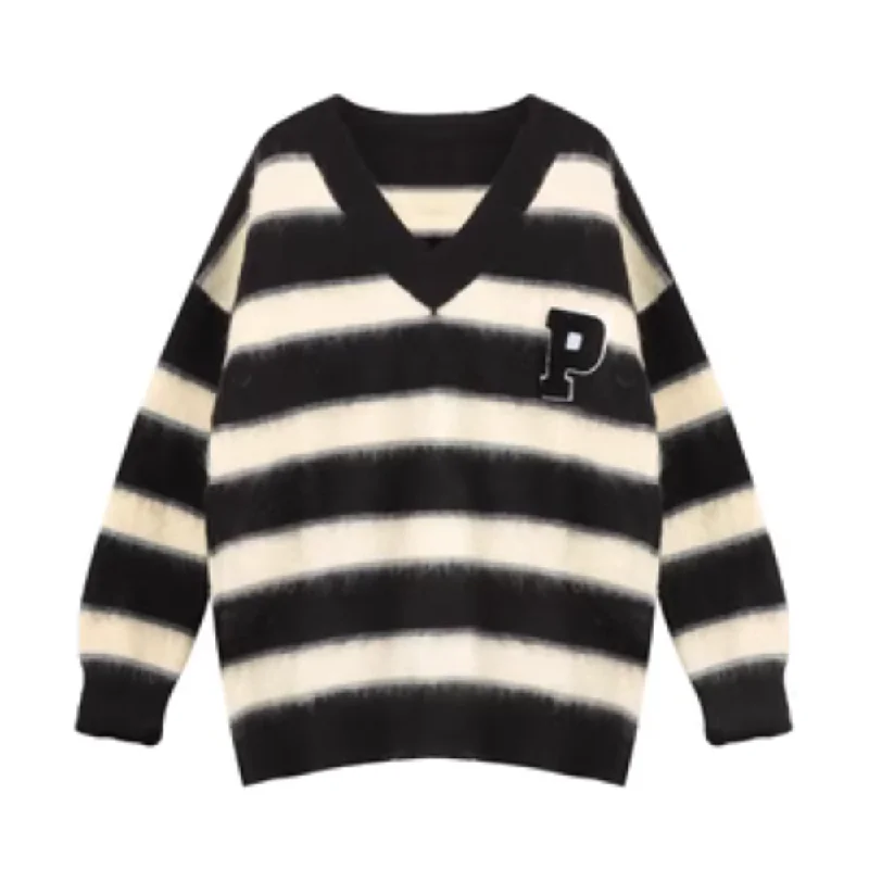 Women's Classic Letter P Striped Sweater