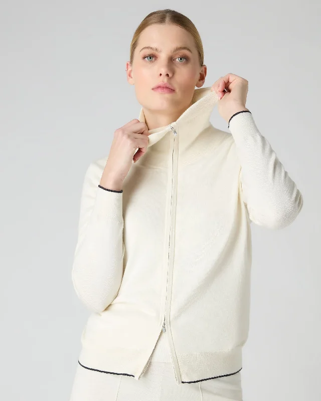 Women's Cotton Cashmere Full Zip Sweater New Ivory White