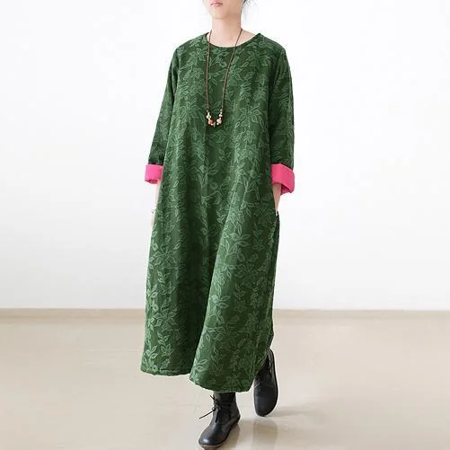 2017 winter green jacquard cotton dresses plus size thick warm maxi dress