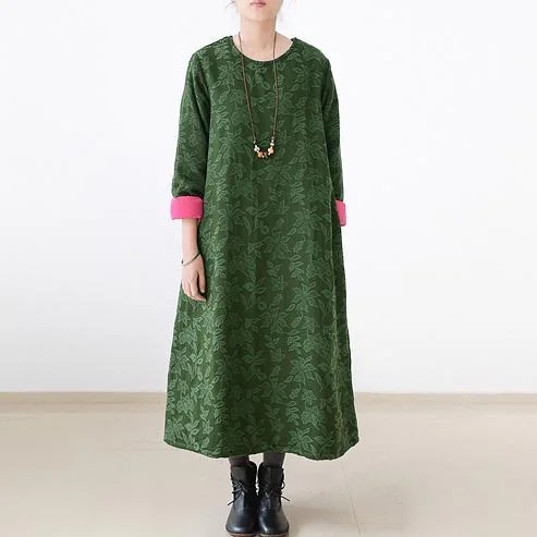 2017 winter green jacquard cotton dresses plus size thick warm maxi dress