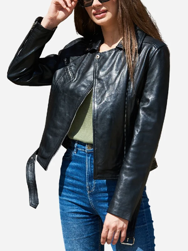 Amelia Black Sheepskin Motorcycle Leather Jacket