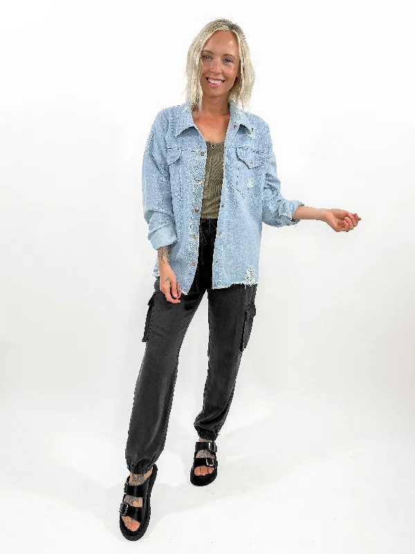 She's A Boss Distressed Denim Shacket-FINAL SALE