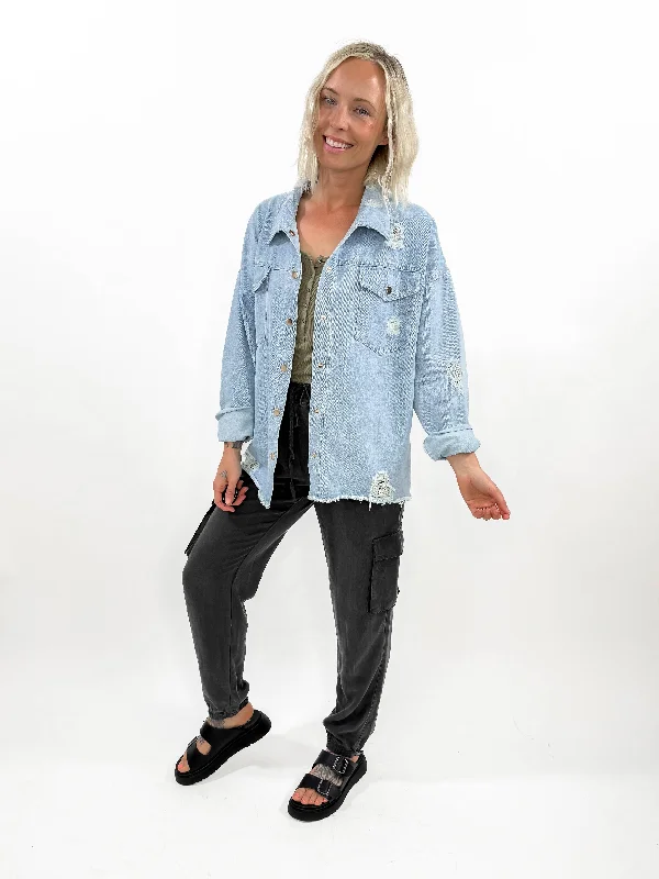 She's A Boss Distressed Denim Shacket-FINAL SALE