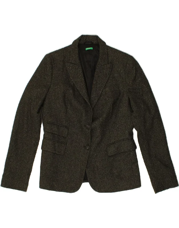 BENETTON Womens 2 Button Blazer Jacket UK 16 Large Green Herringbone