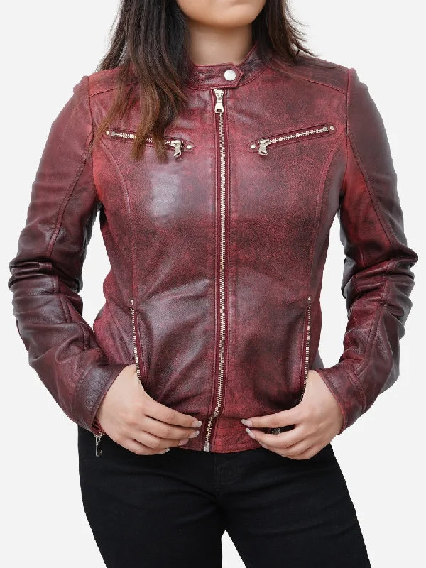 Camila Fitted Style Distressed Maroon Leather Biker Jacket