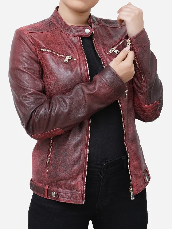 Camila Fitted Style Distressed Maroon Leather Biker Jacket