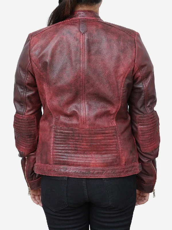 Camila Fitted Style Distressed Maroon Leather Biker Jacket