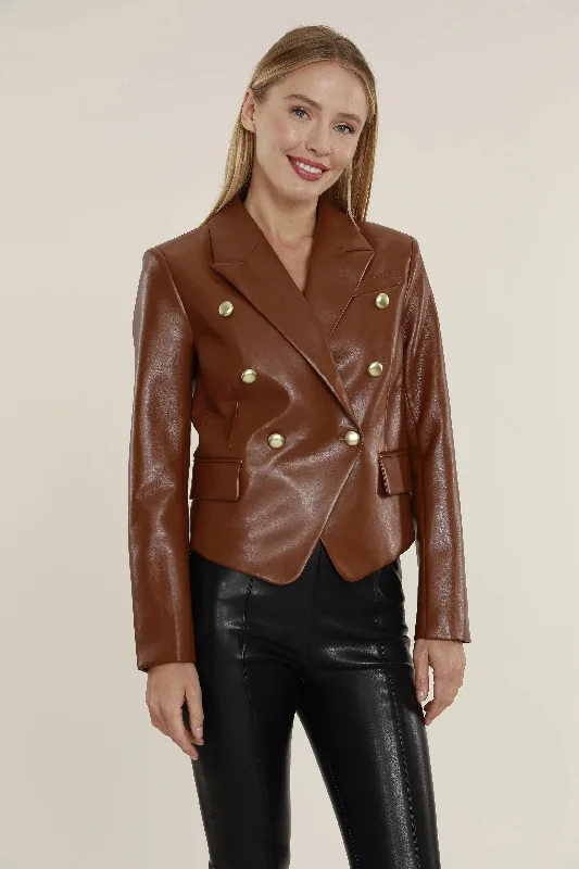 Double Breasted Vegan Leather Blazer - Brown