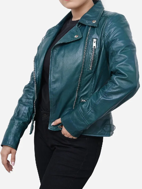 Gabriella Vintage Style Green Leather Biker Jacket