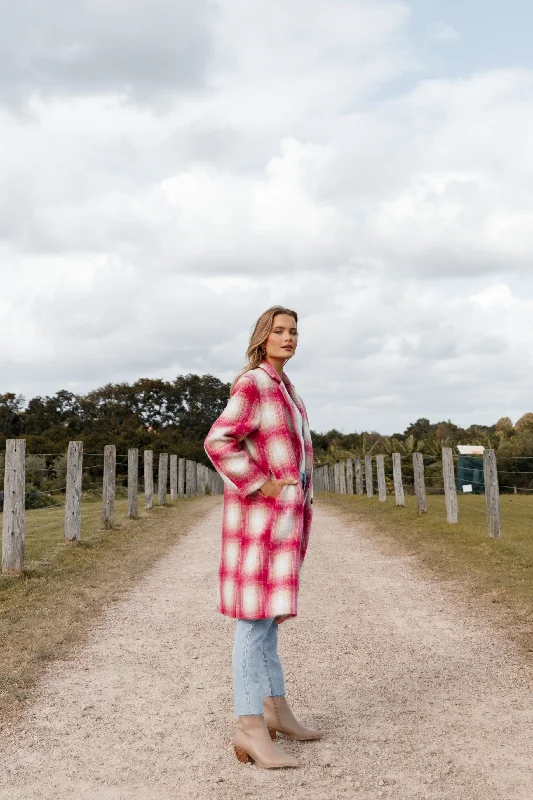 Gianna Button Front Plaid Long Coat - Pink