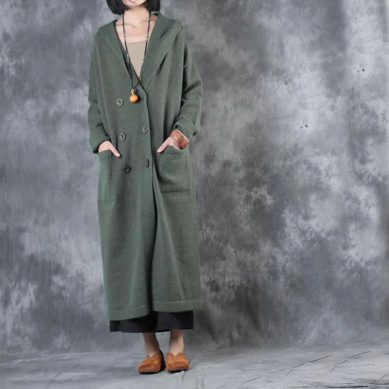 Green Fashion Double Breast Woolen Knit Outwear Oversize Hooded Long Sweater Trench Coats