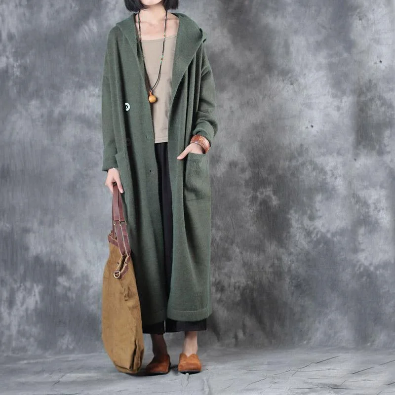 Green Fashion Double Breast Woolen Knit Outwear Oversize Hooded Long Sweater Trench Coats