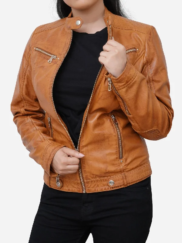 Maria Casual Distressed Brown Leather Biker Jacket