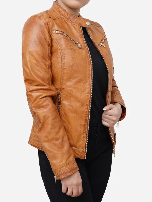 Maria Casual Distressed Brown Leather Biker Jacket