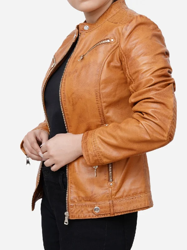 Maria Casual Distressed Brown Leather Biker Jacket