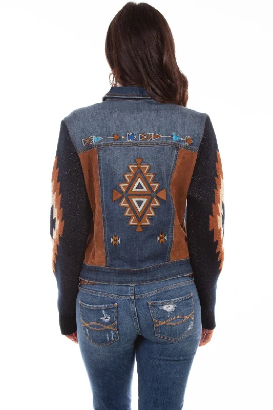 Scully Womens Denim Cotton Blend Aztec Embroidered Jacket