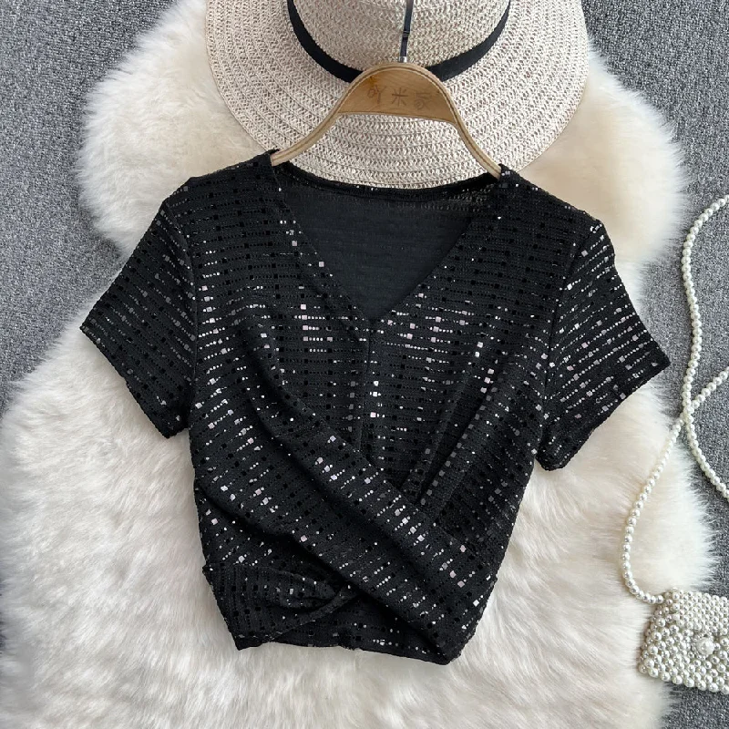 Shiny v neck sequins tops crop tops   S526