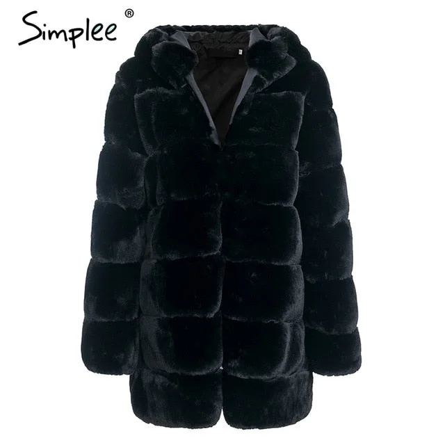 Simplee Vintage fluffy hoodie faux fur coat women Winter grey jacket coat female Plus size warm long casual outerwear overcoat