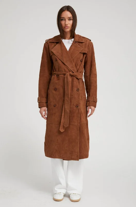 Dark Cognac Suede Trench Coat