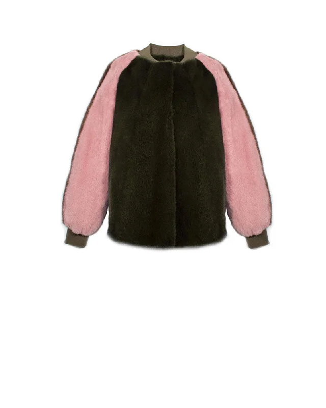 The Boyfriend Striped Mink Bomber Jacket in Green As Seen On Olivia Palermo - Custom Order