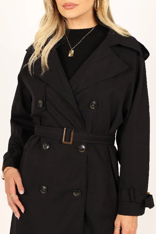 Trina Button Front Trench Coat - Black