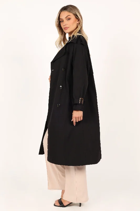 Trina Button Front Trench Coat - Black