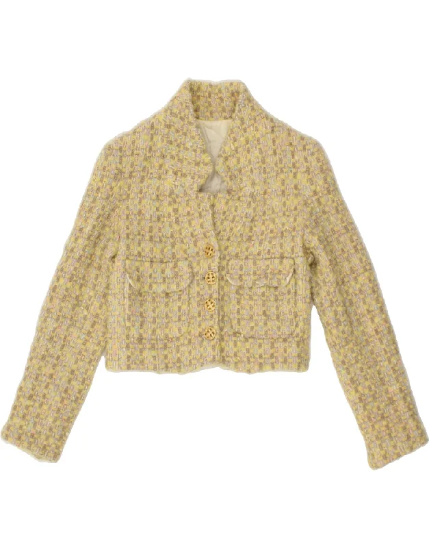 VINTAGE Womens Crop 4 Button Blazer Jacket IT 42 Medium Yellow Flecked