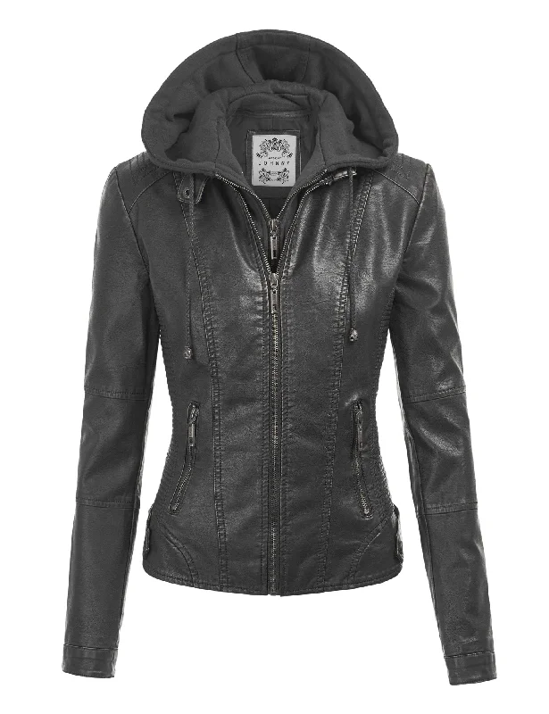 Womens Faux Leather Motorcycle Jacket with Hoodie