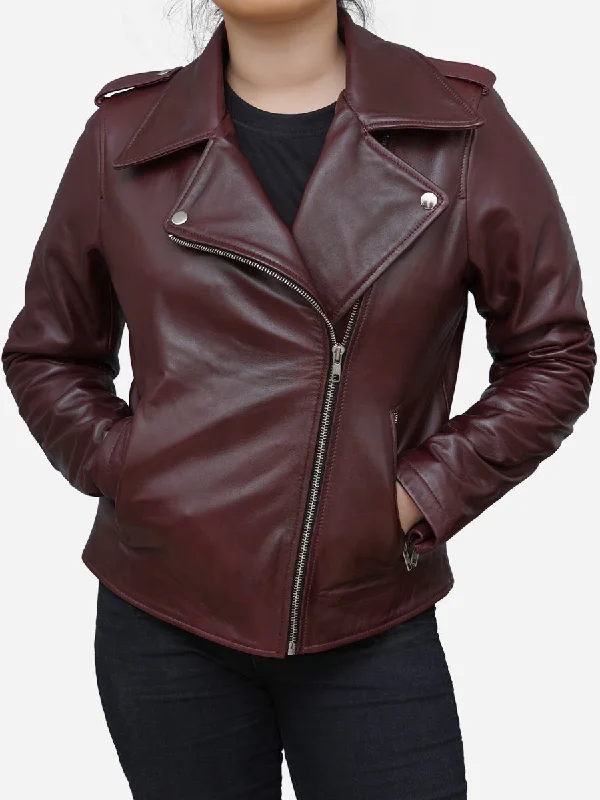 Women's Burgundy Leather Biker Jacket