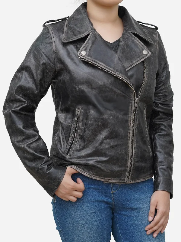 Women's Distressed Black Asymmetric Leather Biker Jacket