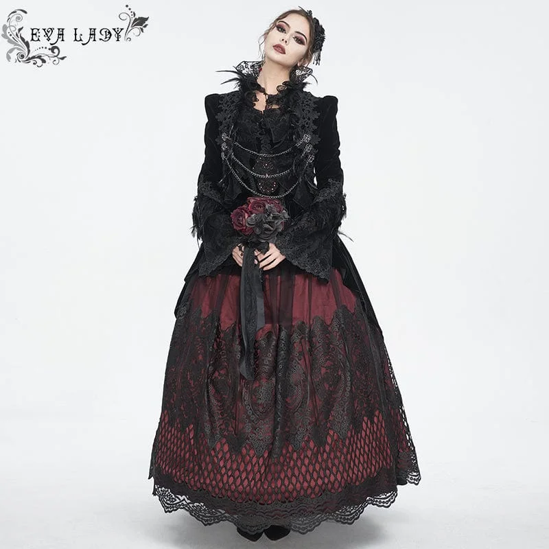 Women's Gothic Stand Collar Floral Embroidered Feather Jacket