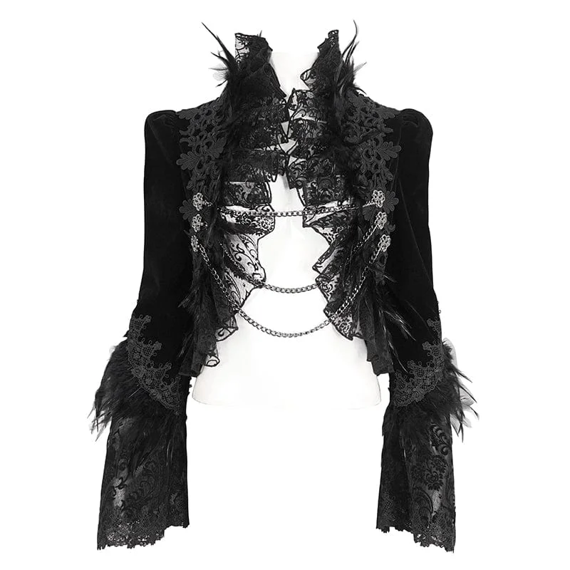 Women's Gothic Stand Collar Floral Embroidered Feather Jacket