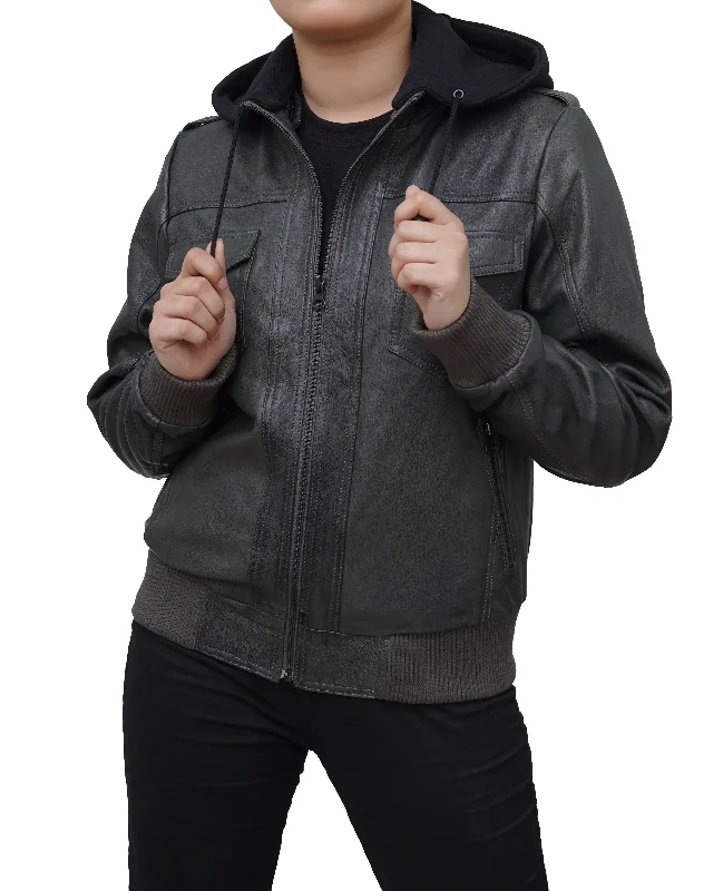 Women's Grey Real Lambskin Leather Hoodie Jacket