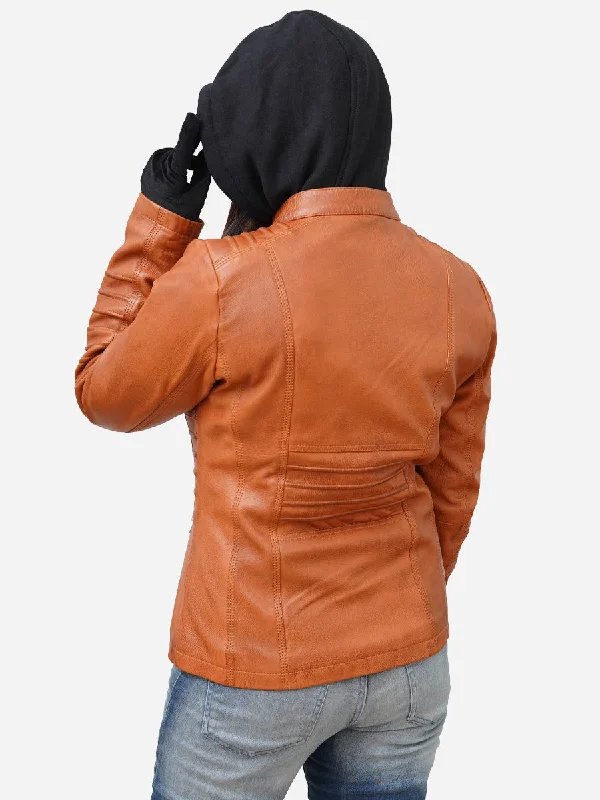 Women's Tan Brown Real Lambskin Hooded Leather Jacket