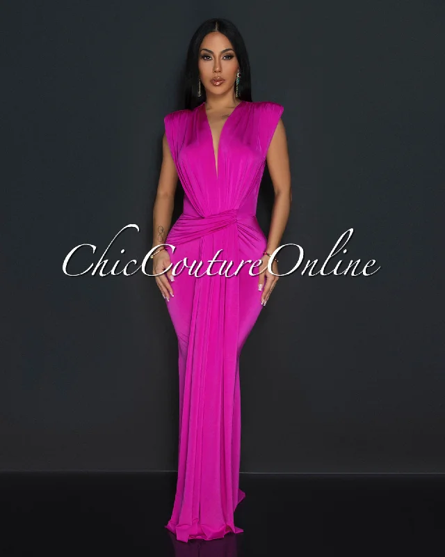 Alea Fuchsia Sleeveless Deep V Neck Maxi Dress