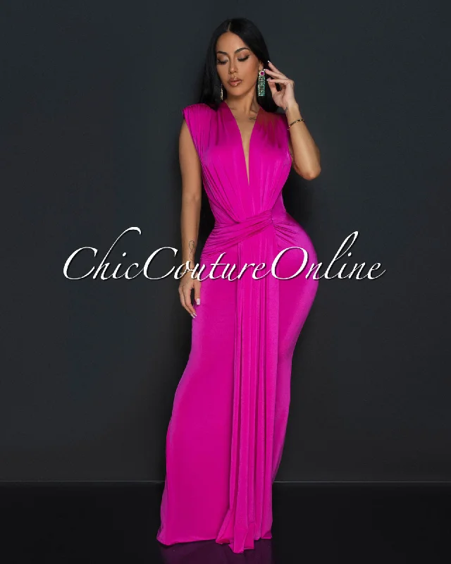 Alea Fuchsia Sleeveless Deep V Neck Maxi Dress