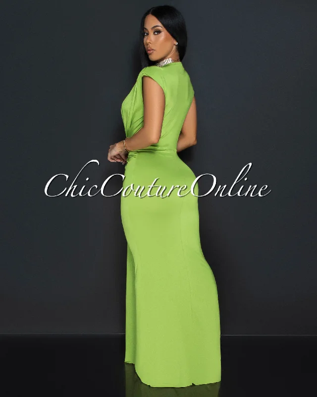 Alea Lime Green Sleeveless Deep V Neck Maxi Dress