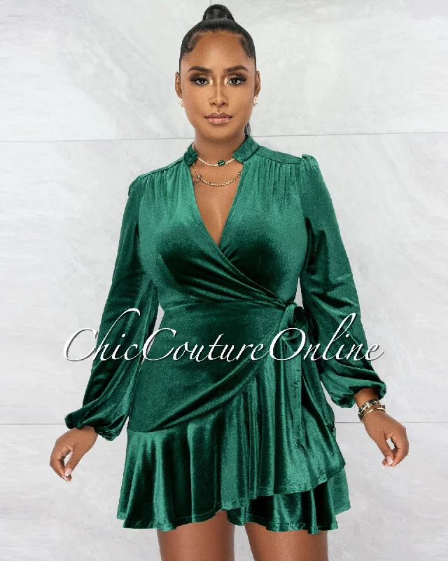 Bencia Hunter Green Velvet Wrap Ruffle Hem Dress