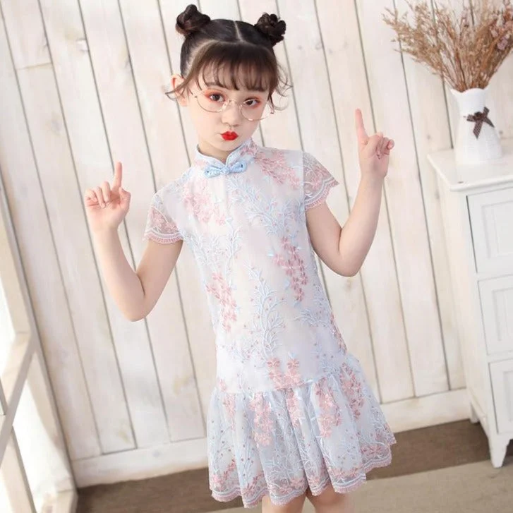 Cap Sleeve Cheongsam Top Pleated Skirt Floral Lace Girl's Chinese Dress