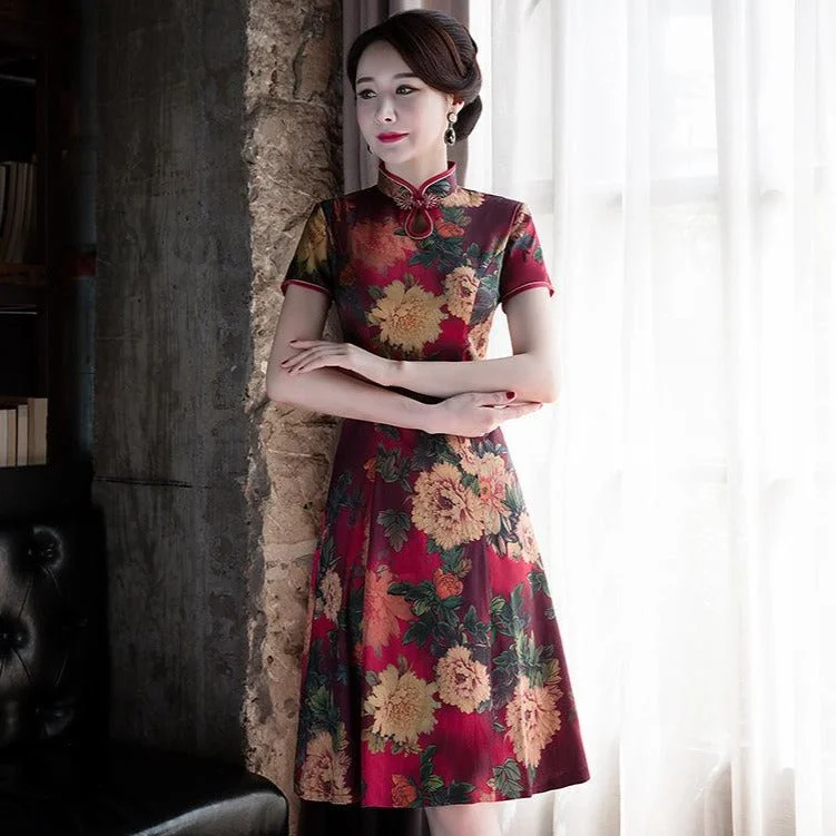 Cap Sleeve Knee Length Floral Silk Cheongsam Chinese Style Mother Dress