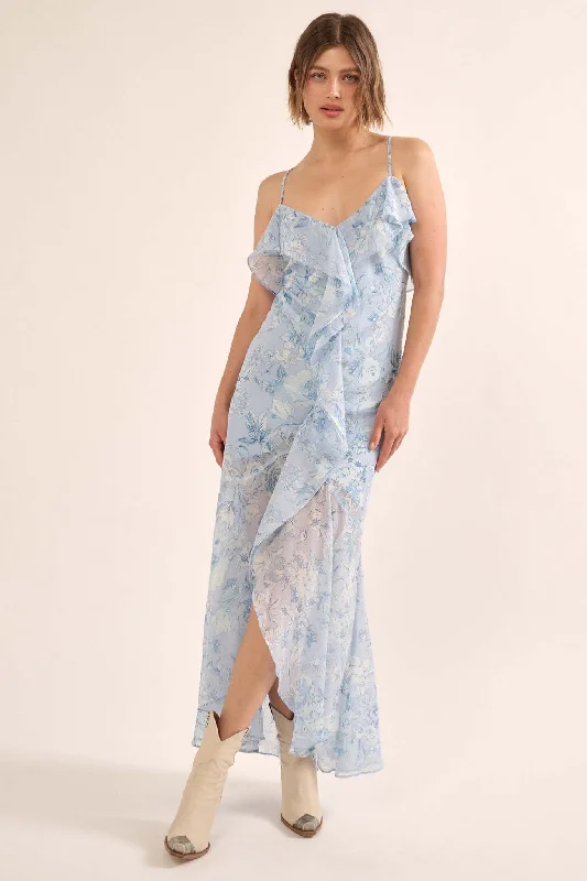 Celestial Garden Floral Chiffon Ruffled Maxi Dress