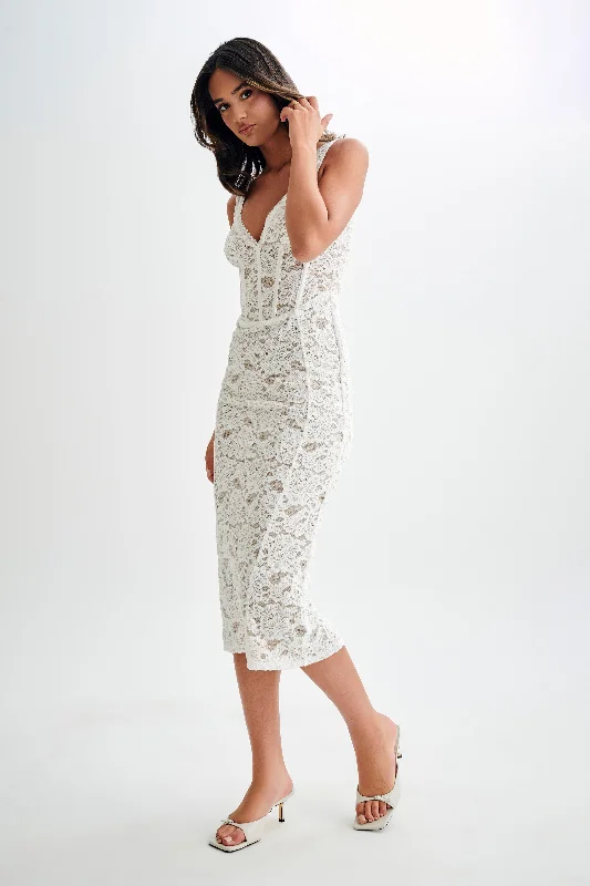 Doria Lace Plisse Midi Dress - Ivory