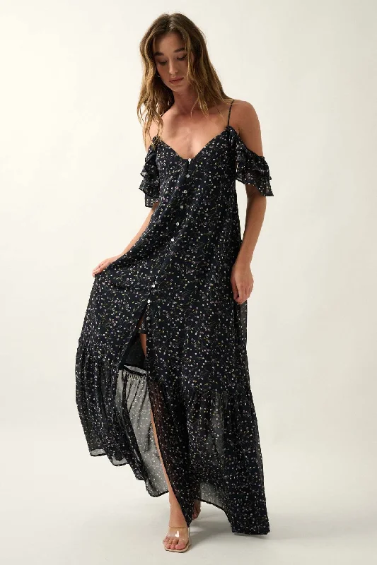 Floral Breeze Cold-Shoulder Button-Front Maxi Dress