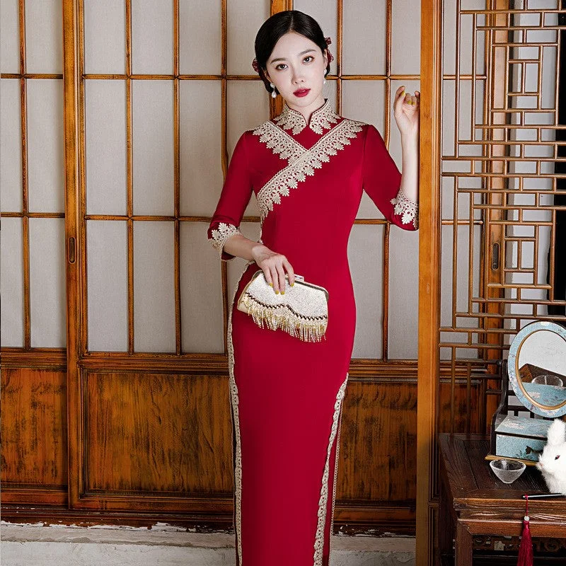 Full Length Traditional Cheongsam Silk Chinese Dress with Floral Lace Edge