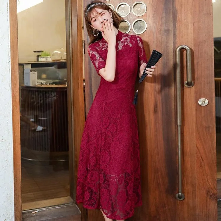 Half Sleeve Cheongsam Top Plus Size Floral Lace Chinese Dress